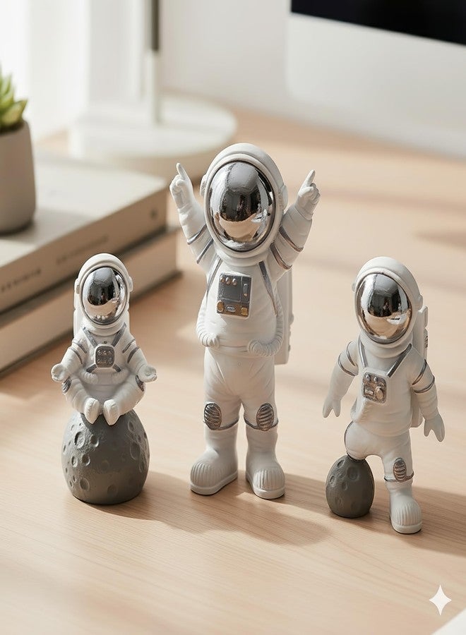 REWOP Astronaut Figurine Set of 3 - Cute Space Theme Desk Decor, Moon Surface Resin Statues for Home, Office, Car Dashboard, Gift for Kids & Space Lovers (Silver) - Image 3